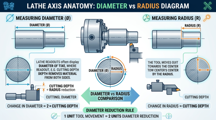 Diagram comparing diameter and radius measurements and reductions on a lathe axis.